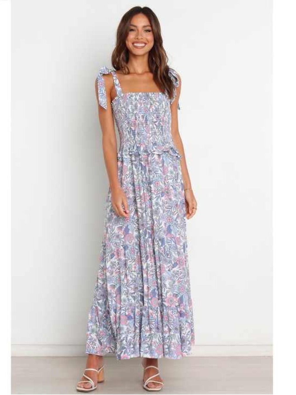Petal & Pup Blue and Pink Floral Smocked Tie-Shoulder Maxi Dress